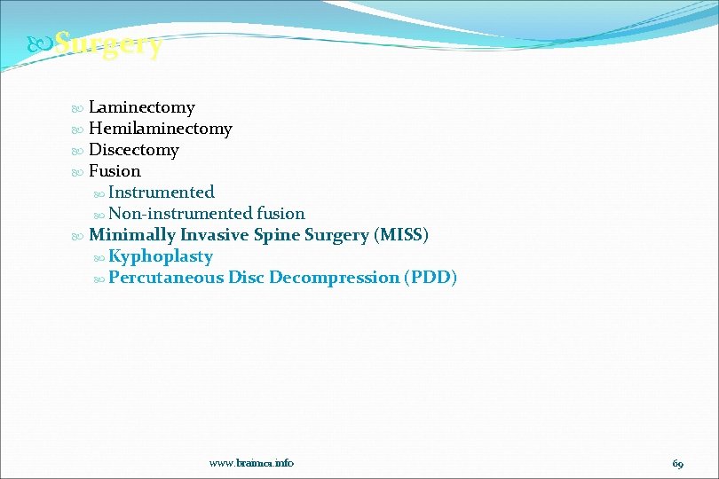  Surgery Laminectomy Hemilaminectomy Discectomy Fusion Instrumented Non-instrumented fusion Minimally Invasive Spine Surgery (MISS)