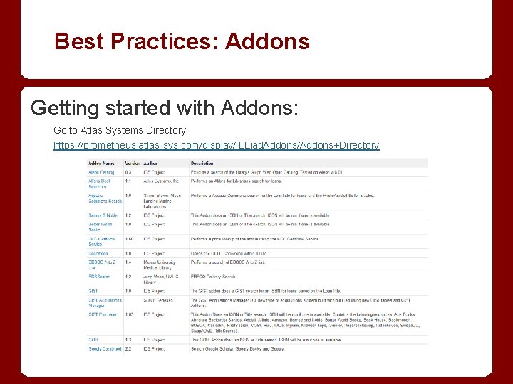 Best Practices: Addons Getting started with Addons: Go to Atlas Systems Directory: https: //prometheus.