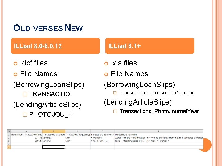 OLD VERSES NEW ILLiad 8. 0 -8. 0. 12 . dbf files File Names