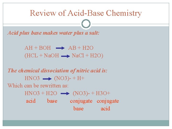 Review of Acid-Base Chemistry Acid plus base makes water plus a salt: AH +