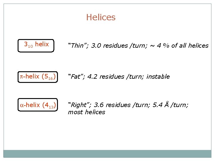 Helices 310 helix “Thin”; 3. 0 residues /turn; ~ 4 % of all helices