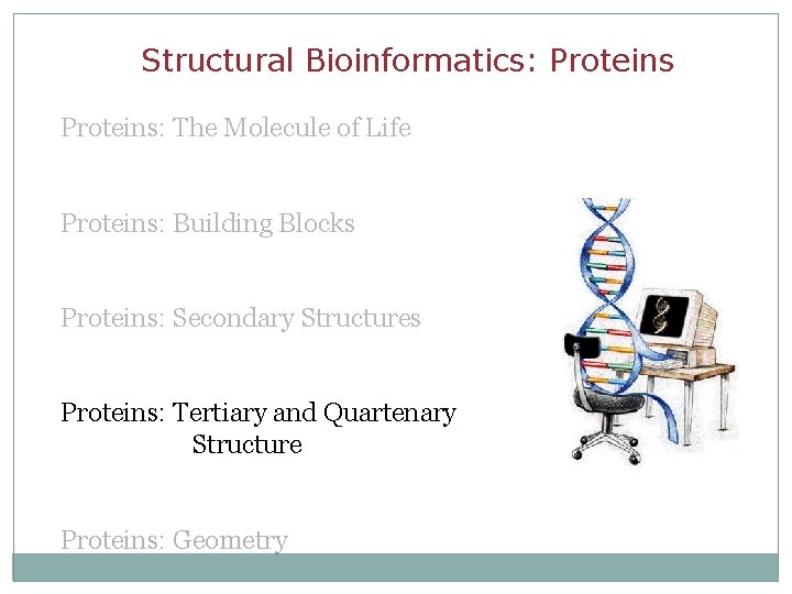 Structural Bioinformatics: Proteins: The Molecule of Life Proteins: Building Blocks Proteins: Secondary Structures Proteins: