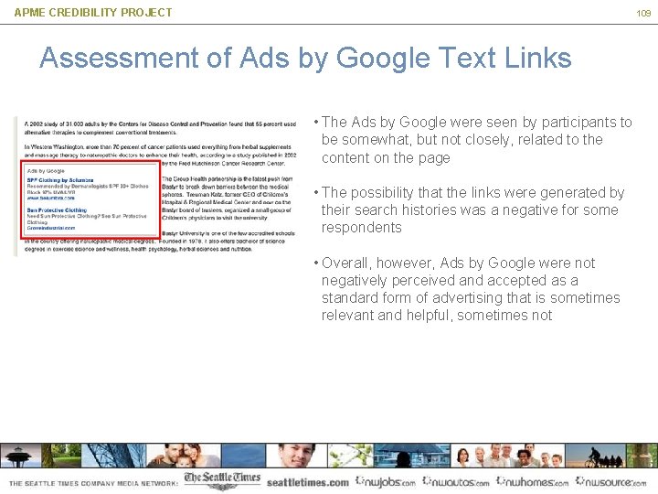 APME CREDIBILITY PROJECT 109 Assessment of Ads by Google Text Links • The Ads
