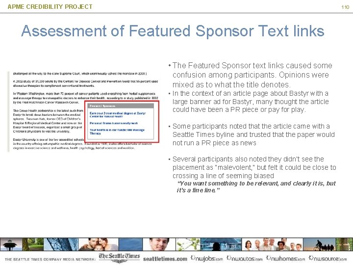 APME CREDIBILITY PROJECT 110 Assessment of Featured Sponsor Text links • The Featured Sponsor