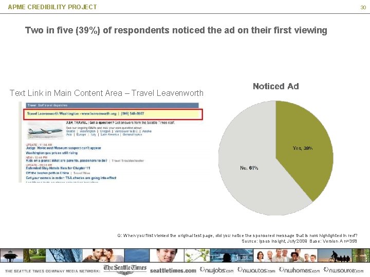APME CREDIBILITY PROJECT 30 Two in five (39%) of respondents noticed the ad on