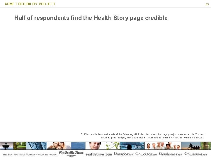 APME CREDIBILITY PROJECT 43 Half of respondents find the Health Story page credible Q: