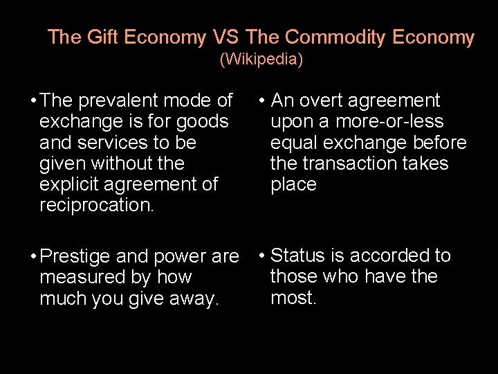 The Gift Economy VS The Commodity Economy (Wikipedia) • The prevalent mode of exchange