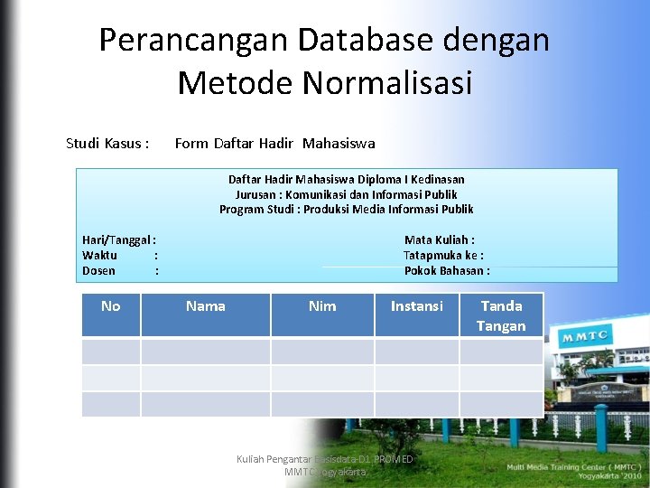Perancangan Database dengan Metode Normalisasi Studi Kasus : Form Daftar Hadir Mahasiswa Diploma I