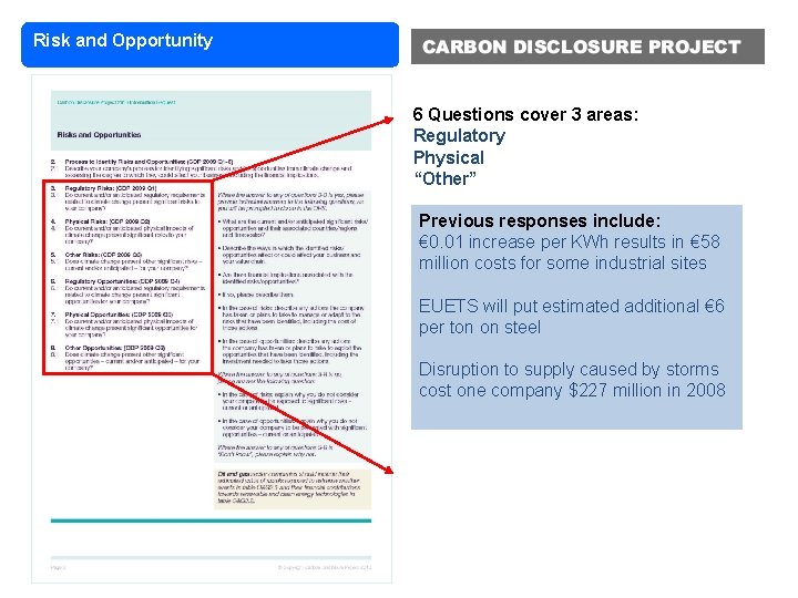 Risk and Opportunity 6 Questions cover 3 areas: Regulatory Physical “Other” Previous responses include: