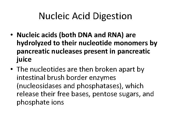 Nucleic Acid Digestion • Nucleic acids (both DNA and RNA) are hydrolyzed to their