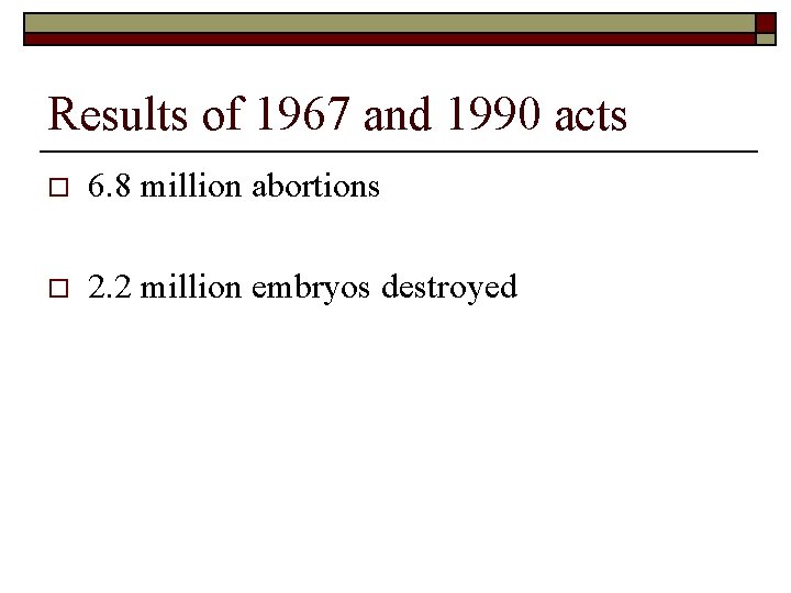 Results of 1967 and 1990 acts o 6. 8 million abortions o 2. 2