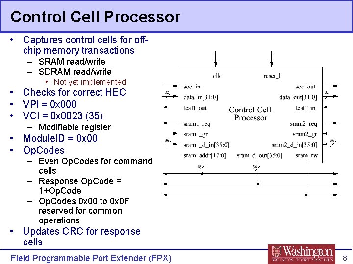 Control Cell Processor • Captures control cells for offchip memory transactions – SRAM read/write