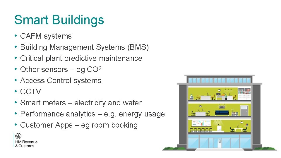 Smart Buildings • • • CAFM systems Building Management Systems (BMS) Critical plant predictive