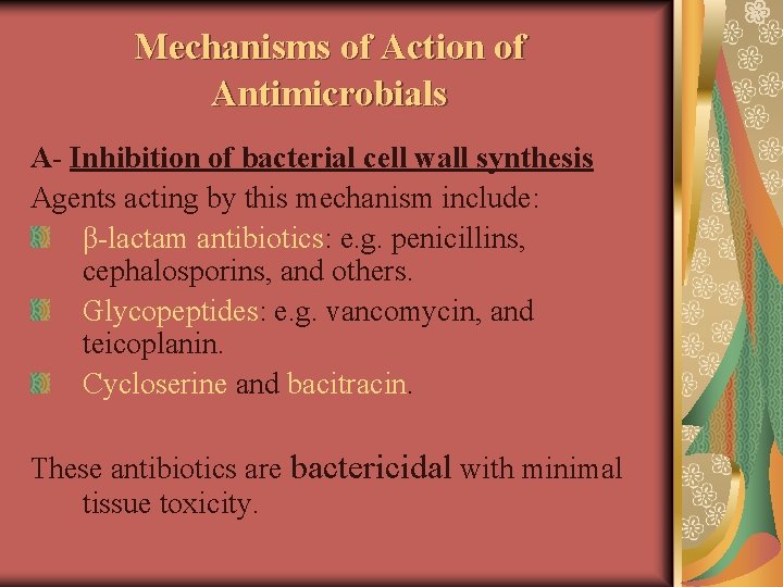 Mechanisms of Action of Antimicrobials A- Inhibition of bacterial cell wall synthesis Agents acting