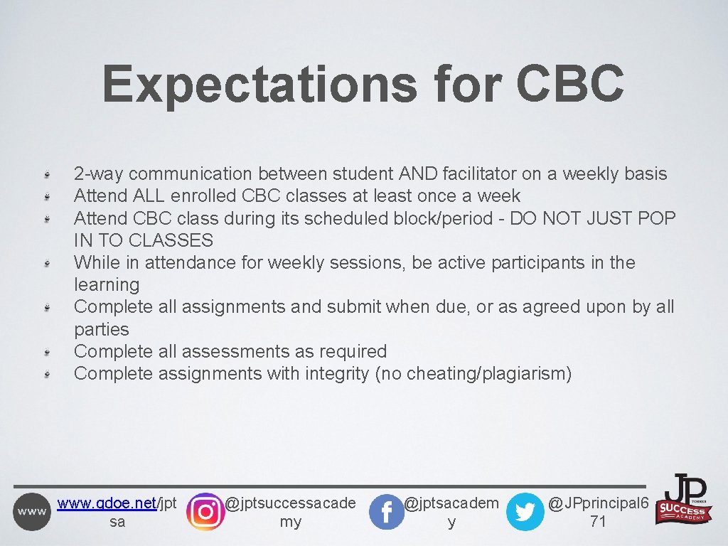 Expectations for CBC 2 -way communication between student AND facilitator on a weekly basis