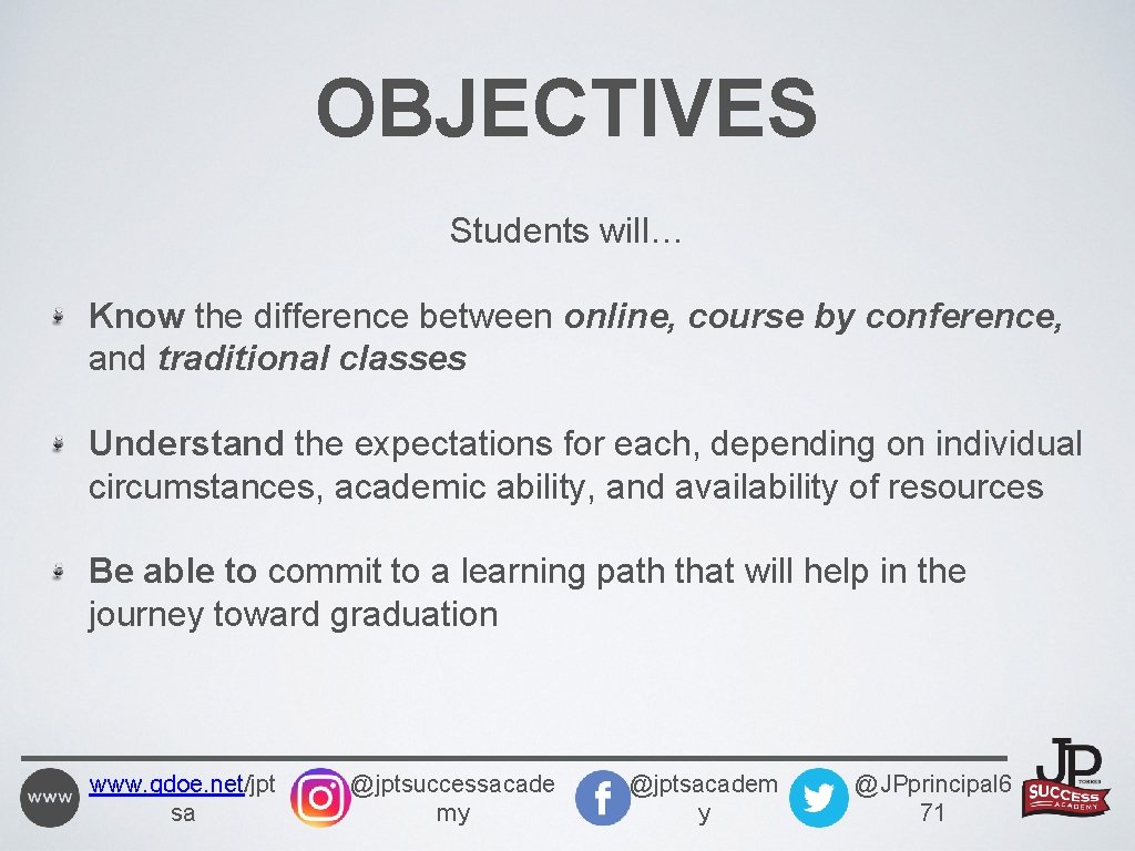 OBJECTIVES Students will… Know the difference between online, course by conference, and traditional classes
