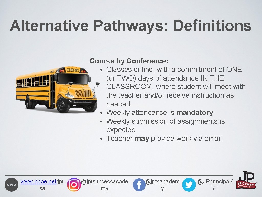 Alternative Pathways: Definitions Course by Conference: • Classes online, with a commitment of ONE