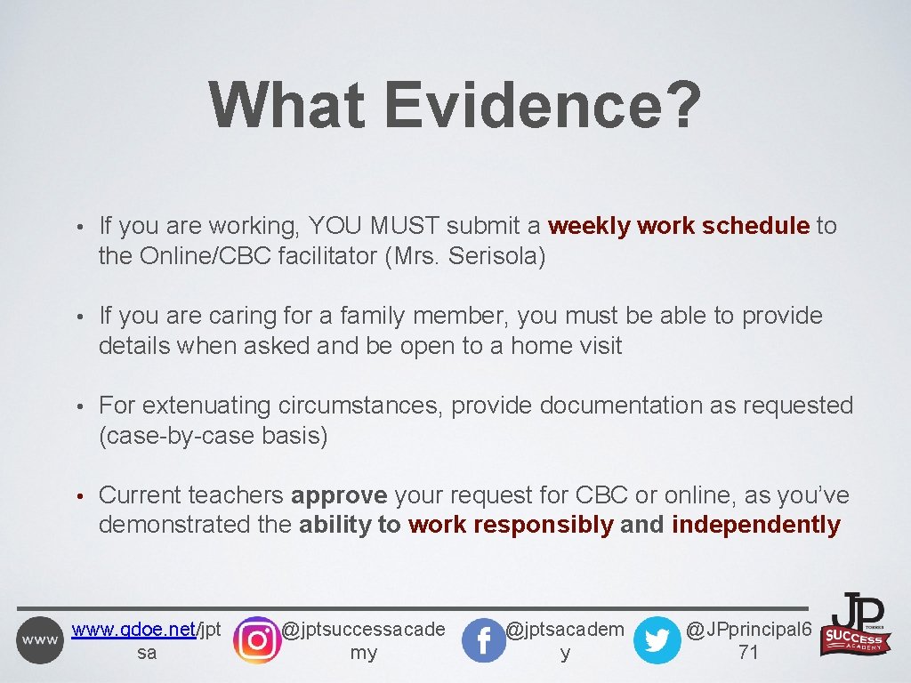 What Evidence? • If you are working, YOU MUST submit a weekly work schedule