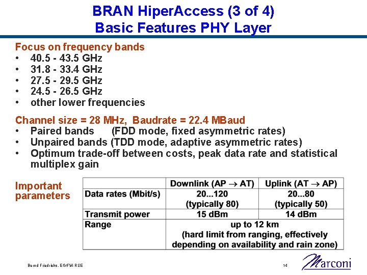 BRAN Hiper. Access (3 of 4) Basic Features PHY Layer Focus on frequency bands