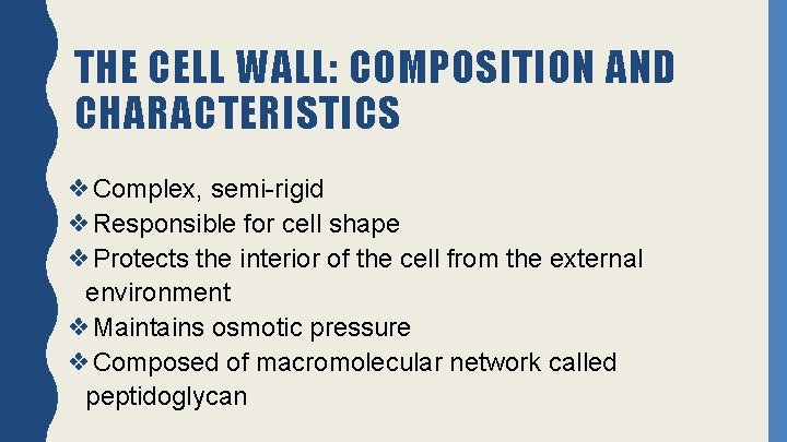 THE CELL WALL: COMPOSITION AND CHARACTERISTICS ❖Complex, semi-rigid ❖Responsible for cell shape ❖Protects the