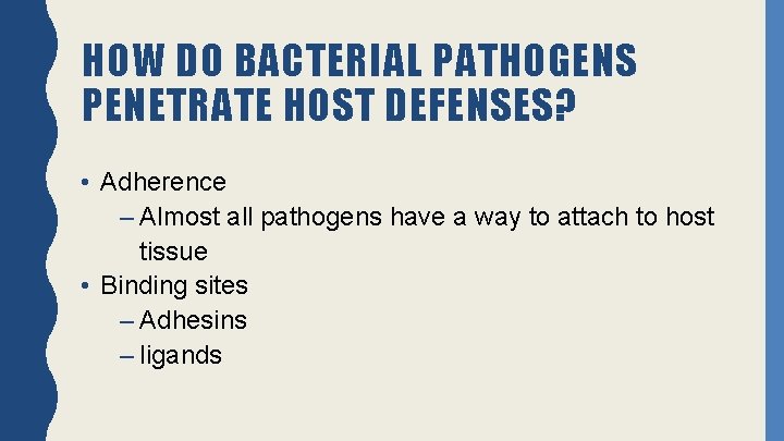 HOW DO BACTERIAL PATHOGENS PENETRATE HOST DEFENSES? • Adherence – Almost all pathogens have