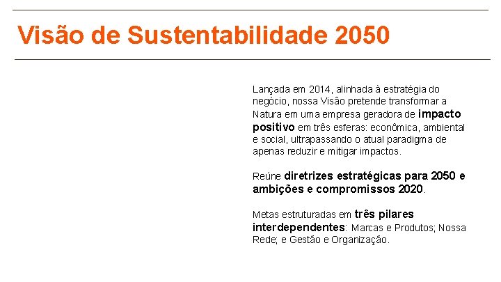 Visão de Sustentabilidade 2050 Lançada em 2014, alinhada à estratégia do negócio, nossa Visão