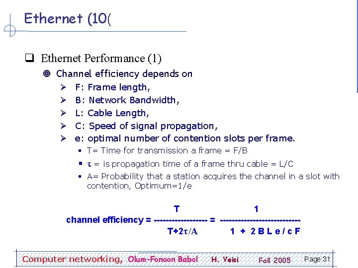 Ethernet (10( q Ethernet Performance (1) ¥ Channel efficiency depends on Ø Ø Ø