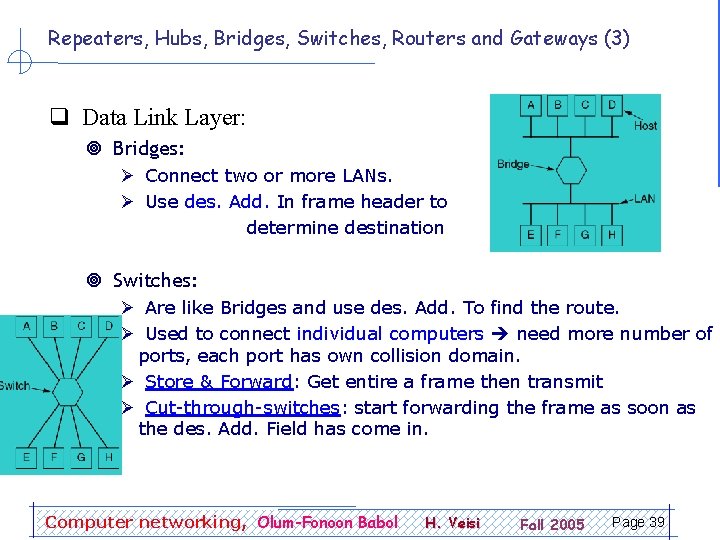 Repeaters, Hubs, Bridges, Switches, Routers and Gateways (3) q Data Link Layer: ¥ Bridges: