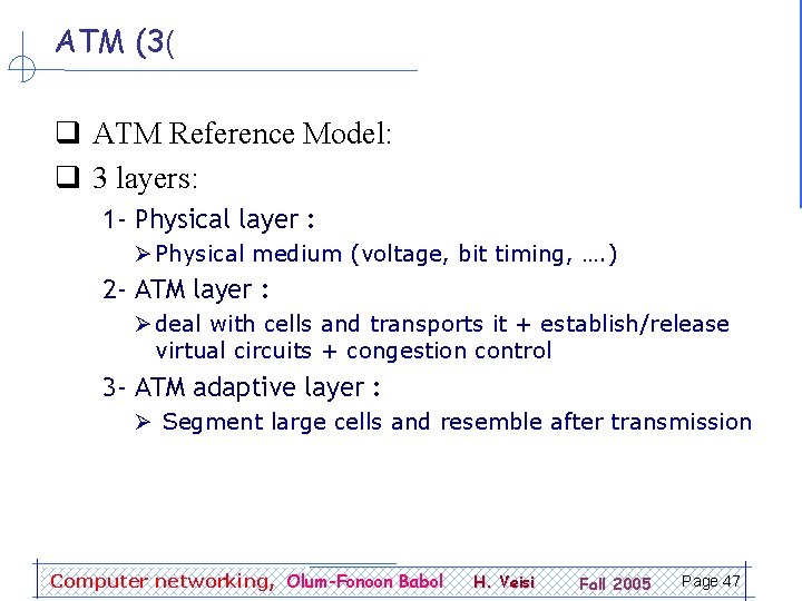 ATM (3( q ATM Reference Model: q 3 layers: 1 - Physical layer :