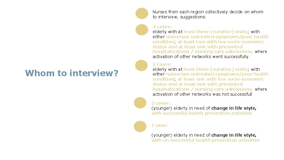Nurses from each region collectively decide on whom to interview, suggestions: 4 cases: elderly