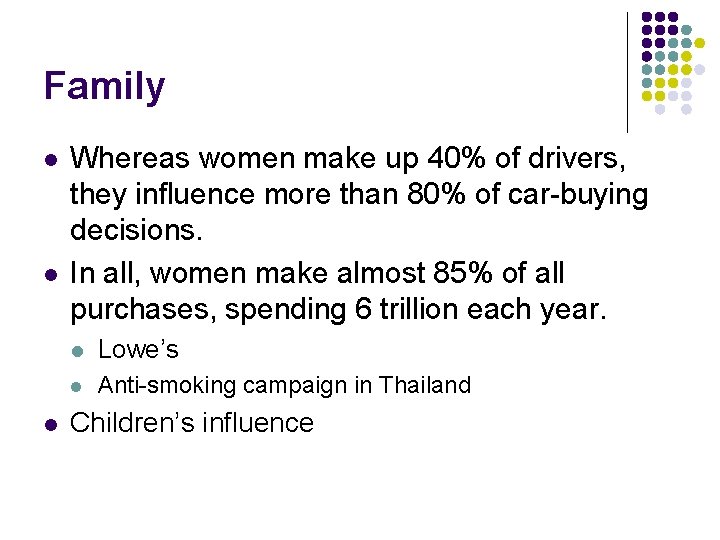 Family l l l Whereas women make up 40% of drivers, they influence more Family l l l Whereas women make up 40% of drivers, they influence more