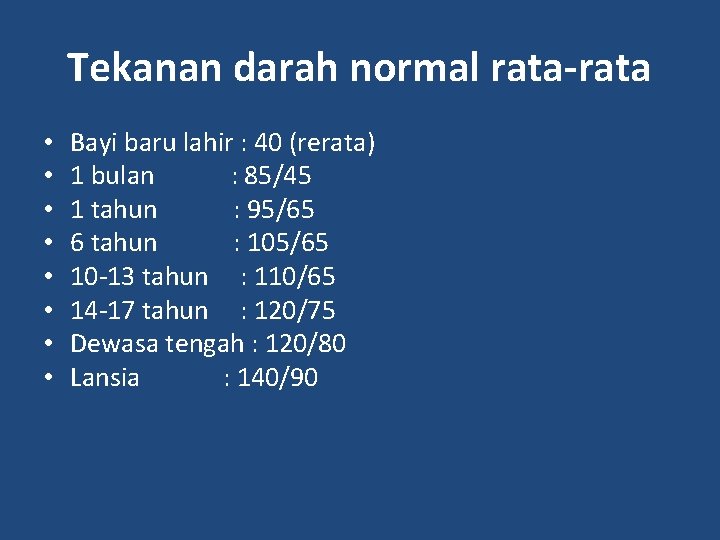 Tekanan darah normal rata-rata • • Bayi baru lahir : 40 (rerata) 1 bulan