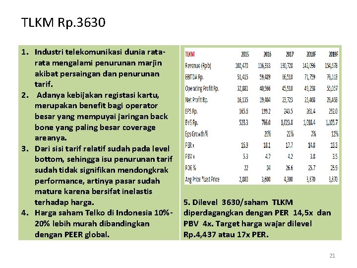 TLKM Rp. 3630 1. Industri telekomunikasi dunia rata mengalami penurunan marjin akibat persaingan dan