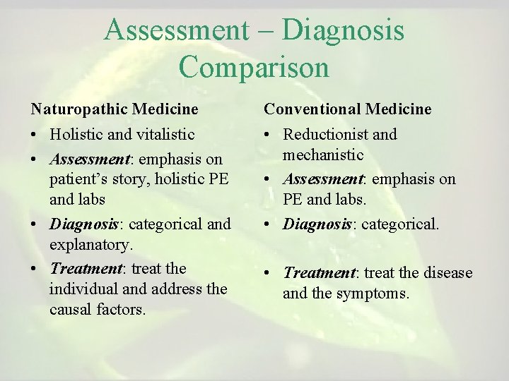 Assessment – Diagnosis Comparison Naturopathic Medicine Conventional Medicine • Holistic and vitalistic • Assessment:
