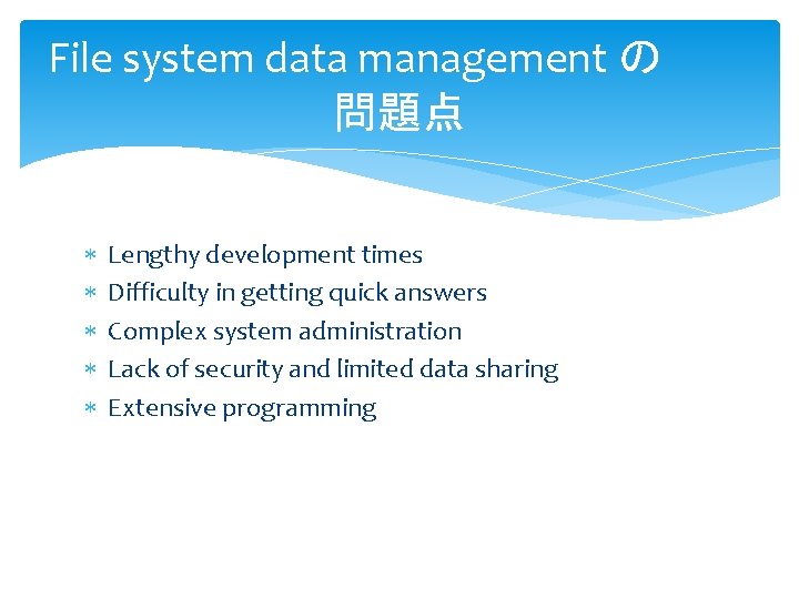 File system data management の　　　　 問題点 Lengthy development times Difficulty in getting quick answers