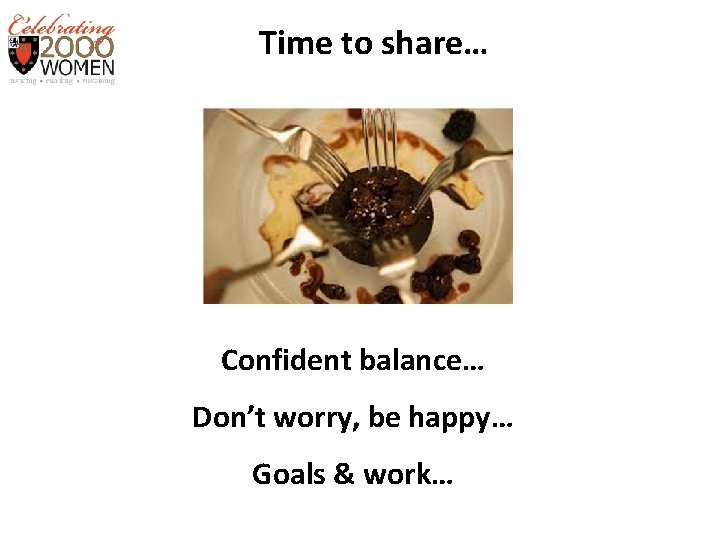 Time to share… Confident balance… Don’t worry, be happy… Goals & work… 