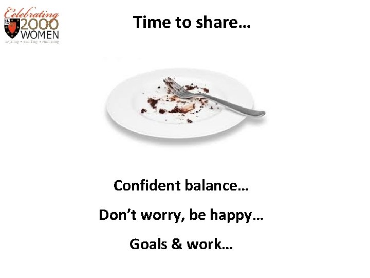 Time to share… Confident balance… Don’t worry, be happy… Goals & work… 