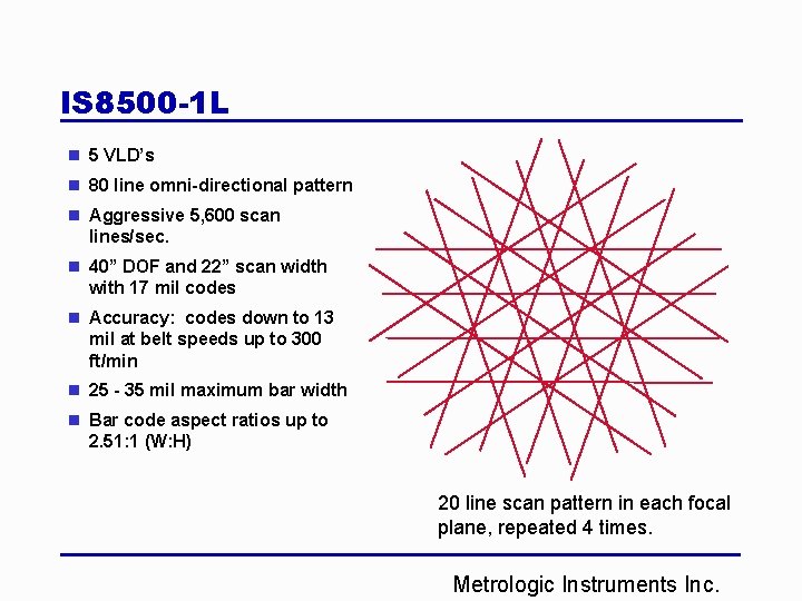 IS 8500 -1 L n 5 VLD’s n 80 line omni-directional pattern n Aggressive