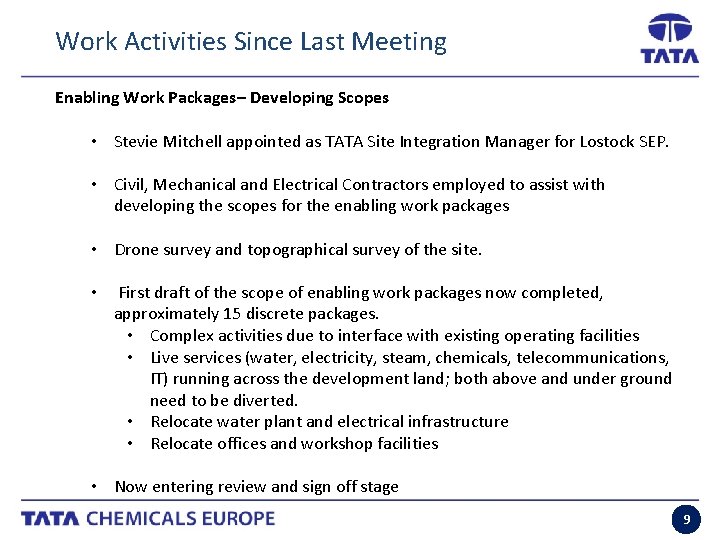 Work Activities Since Last Meeting Enabling Work Packages– Developing Scopes • Stevie Mitchell appointed