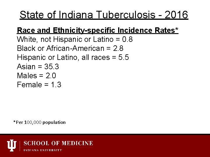 State of Indiana Tuberculosis - 2016 Race and Ethnicity-specific Incidence Rates* White, not Hispanic