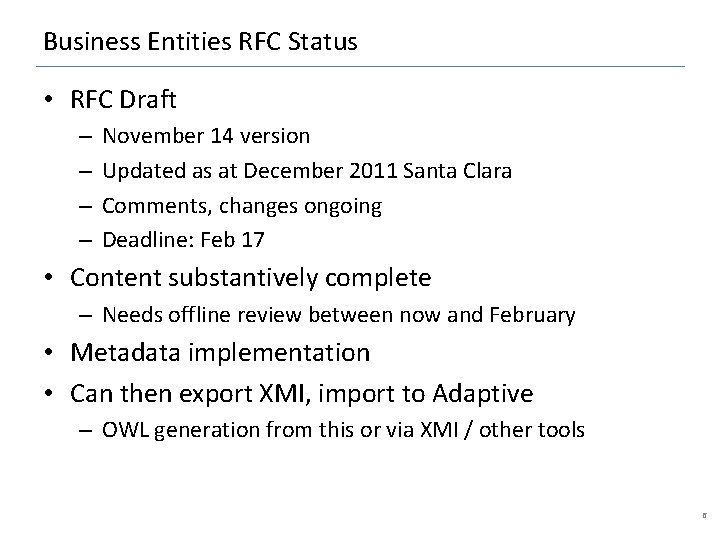 Business Entities RFC Status • RFC Draft – – November 14 version Updated as