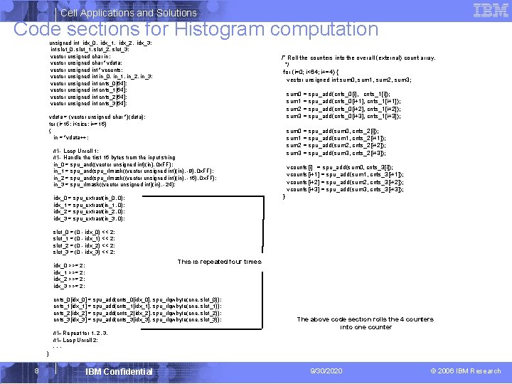 Cell Applications and Solutions Code sections for Histogram computation unsigned int idx_0, idx_1, idx_2,