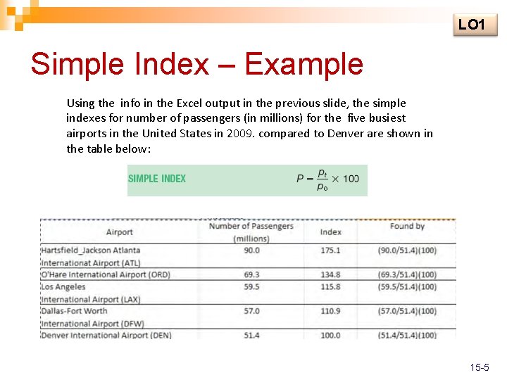 LO 1 Simple Index – Example Using the info in the Excel output in