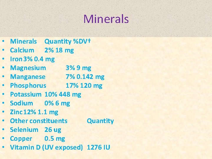Minerals • • • • Minerals Quantity %DV† Calcium 2% 18 mg Iron 3%