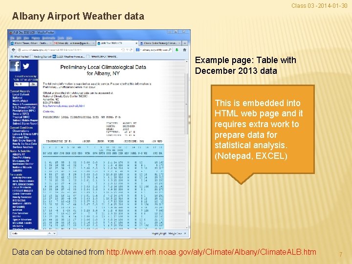 Class 03 -2014 -01 -30 Albany Airport Weather data Example page: Table with December