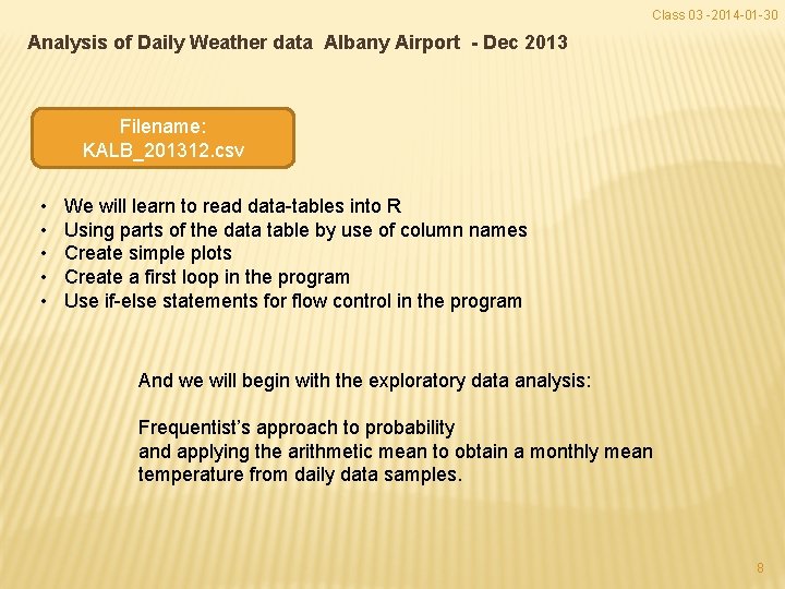 Class 03 -2014 -01 -30 Analysis of Daily Weather data Albany Airport - Dec