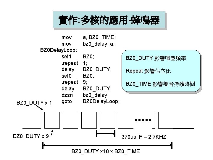 實作: 多核的應用-蜂鳴器 mov BZ 0 Delay. Loop: set 1. repeat delay set 0. repeat