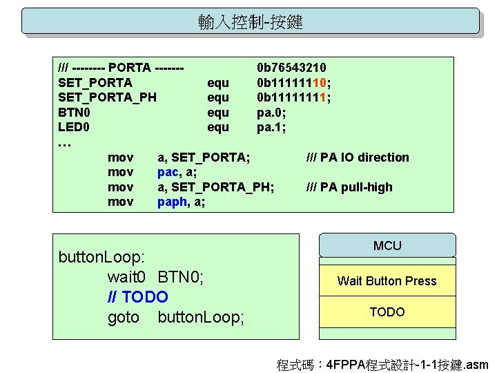 輸入控制-按鍵 /// ---- PORTA ------0 b 76543210 SET_PORTA equ 0 b 11111110; SET_PORTA_PH equ