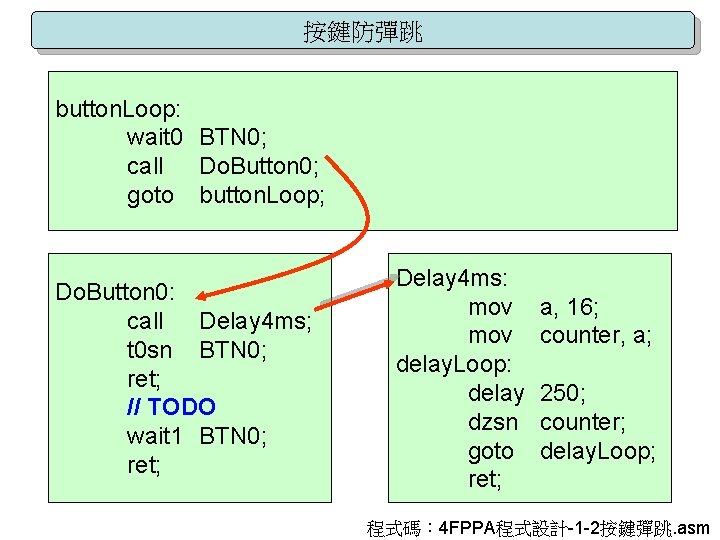 按鍵防彈跳 button. Loop: wait 0 BTN 0; call Do. Button 0; goto button. Loop;