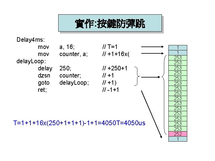 實作: 按鍵防彈跳 Delay 4 ms: mov delay. Loop: delay dzsn goto ret; a, 16;